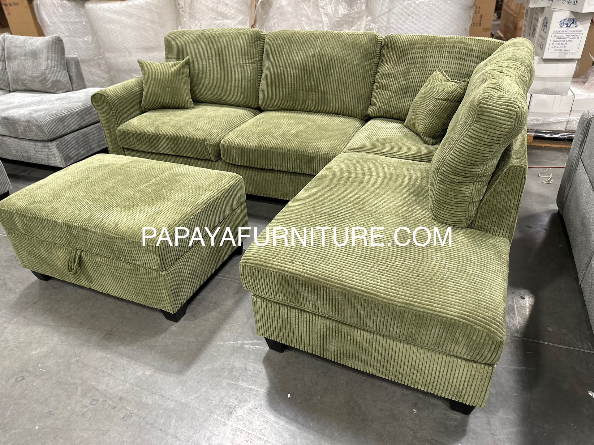 New! Plush Avocado Green Sectional, Sectional And Storage Ottoman, Sectionals, Sofa, Couch, Beige Couch, green Couch, Corduroy Sectional, USB Charger