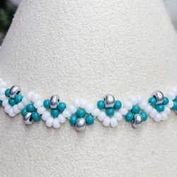 Dark Turquoise Silver Beaded Bracelet Thin Dainty Fashion White minimalist NEW