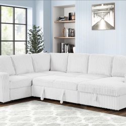 White Corduroy Sectional Sleeper With USB Port And Storage 
