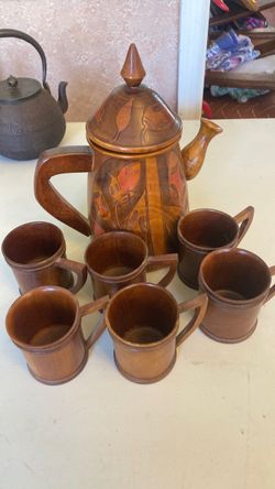 Hand carved wooden Tea set