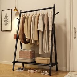 NEW Solid Wood Clothes Rack, Clothing Rack with Shelf and Hook, Sturdy and Portable