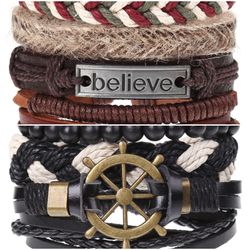 2 x Set Adjust. Size up to 9.5inc Leather Bracelet, (Believe_2-Ship Rudder)