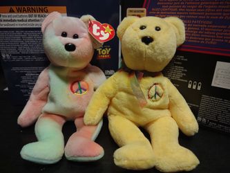 TY Beanie Baby Retired Collection With Error Tags -Rare Lot.  Peace The Bear Multicolor & Peace II 30th Anniversary Yellow 90s Vintage Set.