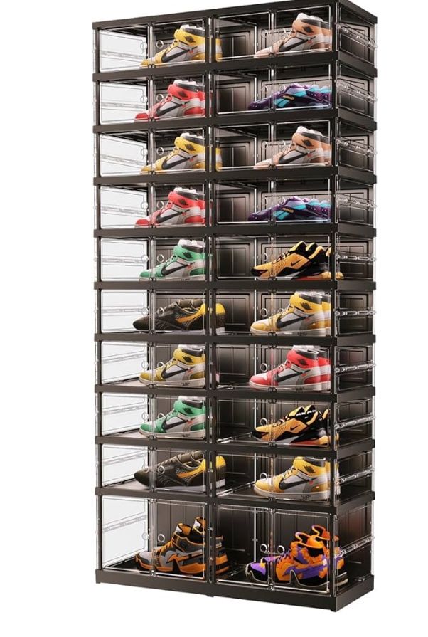 10 Tiers 20-40 Pairs Foldable Shoe Boxes Large Plastic Shoe Storage Rack Collapsible Shoe Organizer for Closet Clear Stackable Shoes Shelf Storage Cab