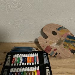 Paint, Paint Brushes, And Pallet 