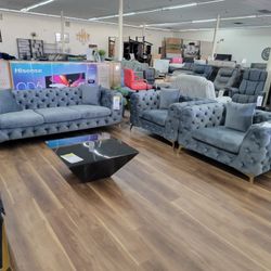 New 3pc Sofa And Chair Set In Grey Velvet 