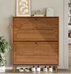 Shoe Cabinet Storage for Entryway with 2 Fluted Flip Drawers, Modern Freestanding Narrow Shoe Organizer with Adjustable Shelves, Color –Walnut
