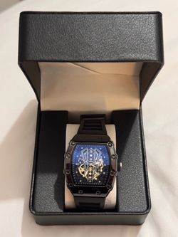 Luxury Skeleton-Inspired Black Watch – New in Box  🖤 Bold Black Designer-Style Watch with Blue Crystal Dial 🖤