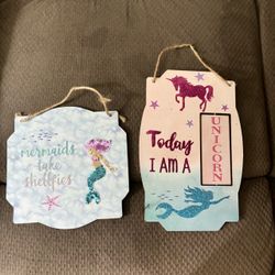 Mermaid and Unicorn Hanging Wall Signs Set of 2