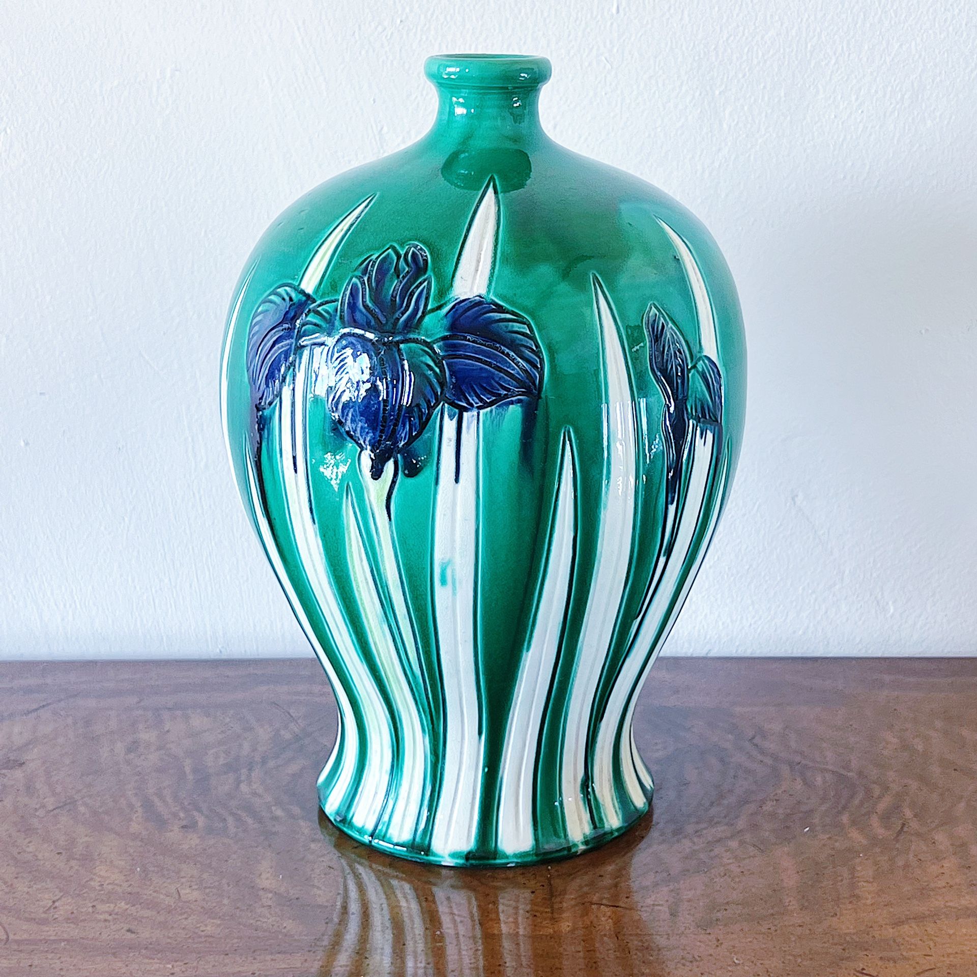 Large Japanese Awaji Pottery Vase depicting Iris in Purple and Green