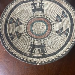 African Pictorial Coil Basket Tray Handmade Vintage Shallow