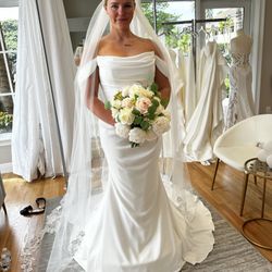 Elegant Off-Shoulder  Wedding Gown with Train  – Never Worn