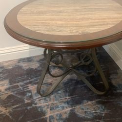 round table wood and stone