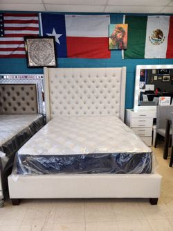 Queen bed frame beige linen with mattress