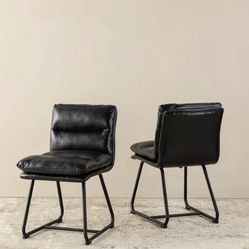 17 stories Modern Two-Tone Color Leatherette Mixed Fabric Dining Chair With Metal Black Tapered Legs (Set of 2)