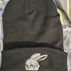 RARE Adorable black cuffed beanie w/white embroidered rabbit and embroidered "Low Key" in the back. $40