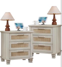 Pair of Light Wood Grain Nightstands with Rattan Drawers
