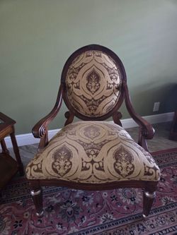 Elegant Medallion Damask Armchair with Carved Wood Frame