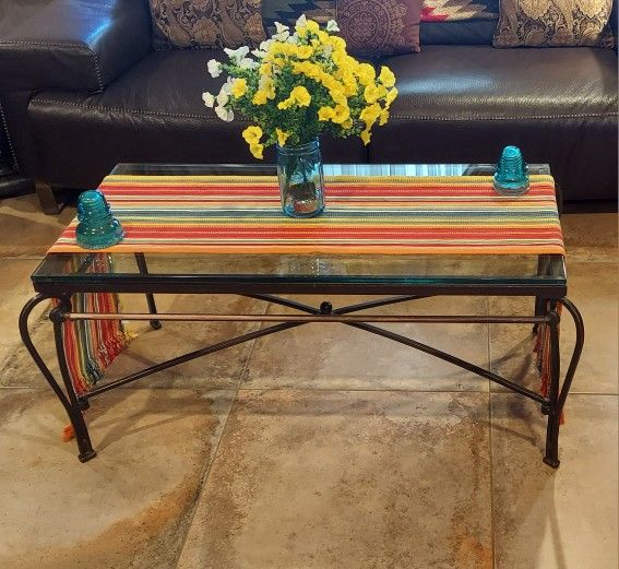 Vintage mid century glass and forged iron coffee table