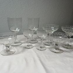 Antique Etched Crystal Wine & Champagne Glass Set 1920s Art Deco Scroll