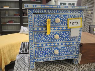 Blue & White Bone-Inlay 3-Drawer Nightstand, Floral Vine Pattern
