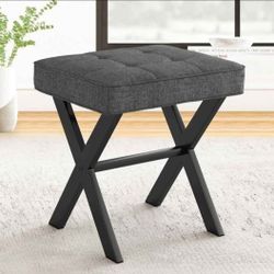 LUE BONA Vanity Stool, Square Linen Makeup Stool with Metal X Legs, Small Ottoman Stool Chair for Vanity