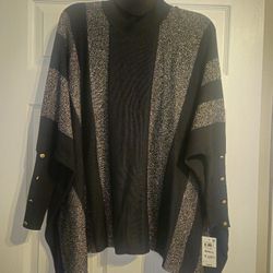 Gorgeous Sweater Shawl with tapered sleeves and sparkling Grey stripes, perfect for the holidays!
Paid $59.50 @ Macys, Never worn!