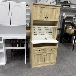 Modern Yellow Kitchen Storage Cabinet with Wine Rack Microwave Shelf Top Cupboard Two Drawers and Bottom Door Cabinet