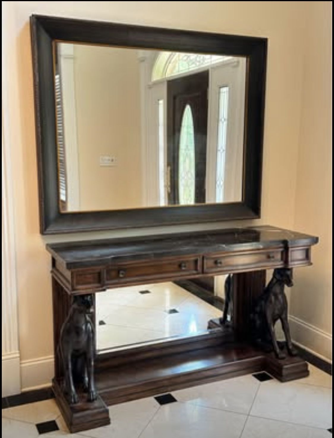 Marble Dog Statue Console Table with Mirror