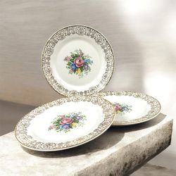 Vintage Triumph Limoges Rosalie 7 1/8” Salad Plates Set of 3 Floral 22K Gold