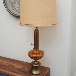 Vintage Amber Glass Lamp With Shade And Finnial