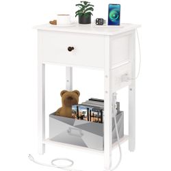 Nightstand with Charging Station, Side Table End Table with Large Drawer and Storage Shelf, Bed Side Table/Night Stand with USB Ports & Outlets, Rusti