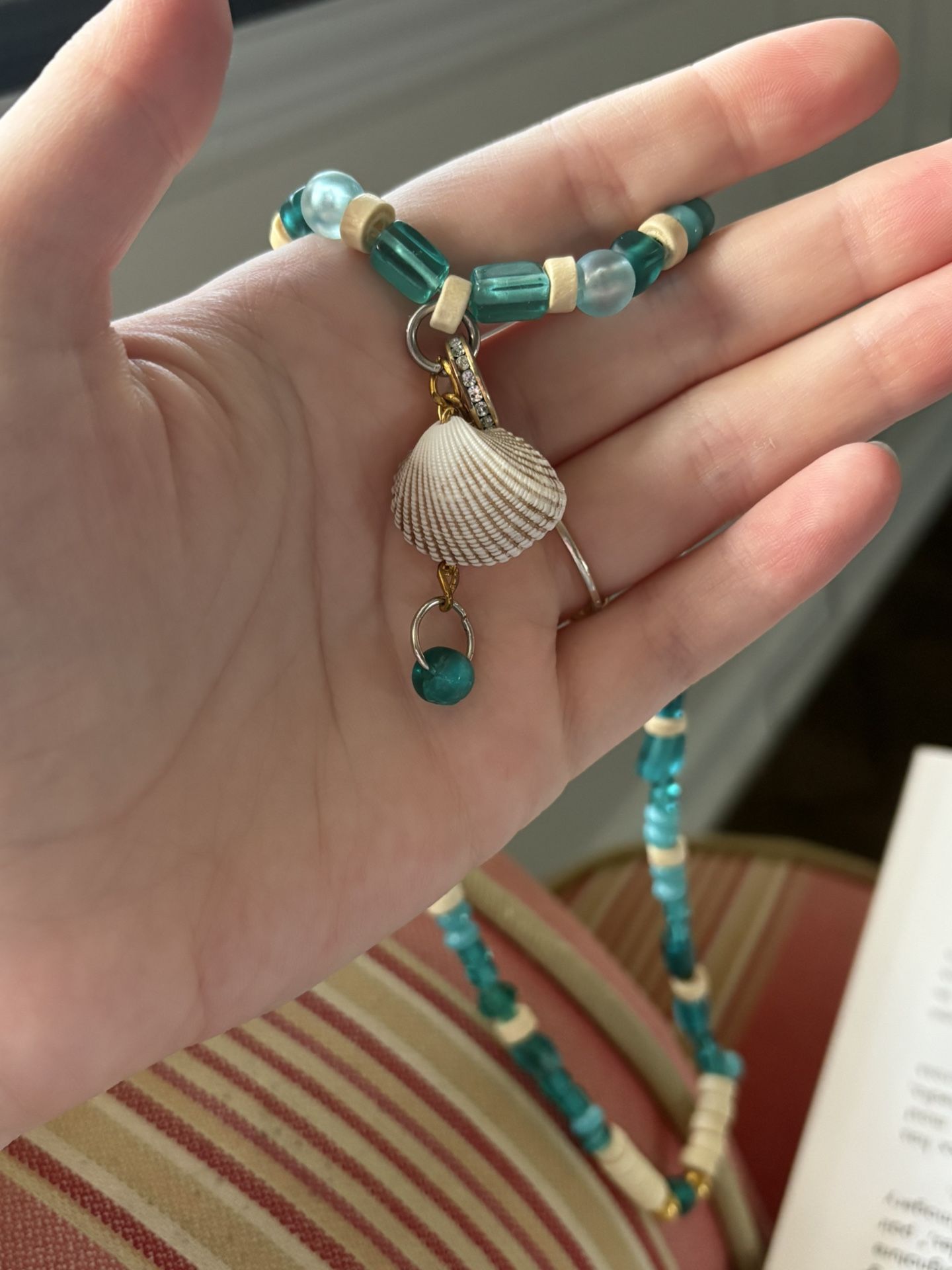 Homemade Glass And Wooden Bead Seashell Necklace