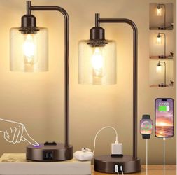 Inngoo Industrial Touch Table Lamps - 3-Way Dimmable Desk Lamps Set of 2 with USB C+A Ports and Outlet, Brown Bedside Lamps with Clear Glass Shade for