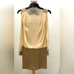 NEW Cache Beige Gold Glitter Sparkle Sequined Long Sleeve Blouson Skirt Dress