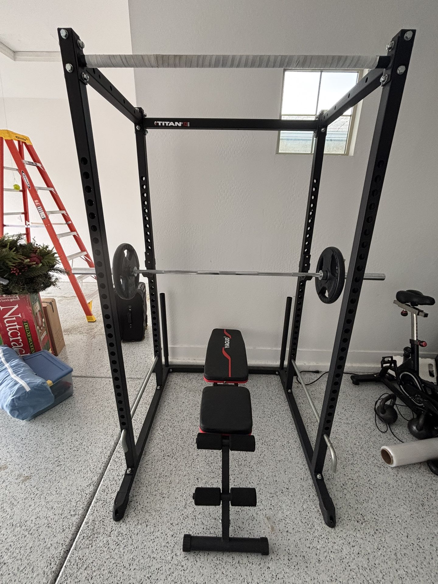 SQUAT RACK — 45lbs Weights X2–Barbell 45lb—-folded Bench