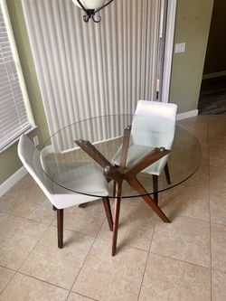 Mid-Century Modern Glass Top Dining Table with 2 White Chairs