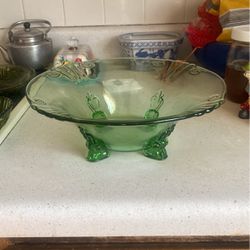 Vintage Large Moongleam Green Empress Glass Bowl with Dolphin Toes