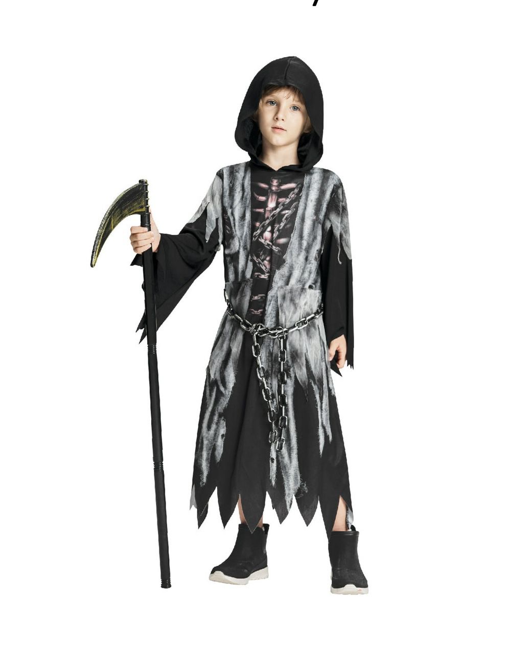 Kids Boys Halloween Grim Reaper Costume, Skeleton Bones Hooded Robe Scythe Outfit Carnival 3-4 Years