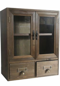 Rosetta Mini Countertop Country Vintage Locker, Wall-Mounted Wood Display with Organic Glass Door, Food Storage, 2 Bottom Drawers-Pharmacist Cabinet-D