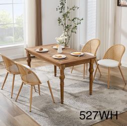 Rattan Dinner Chairs Set of 4 with Faux Leather Cushion, Modern Dining Room Chairs w/Adjustable Foot Pads, Kitchen Boho Mid Century Upholstered, White