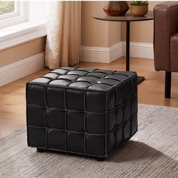 Art Leon Footstool - Genuine Leather Tufted Ottoman Foot Rest, Modern Square Ottoman Sofa Stool for Living Room Bed Room, Black