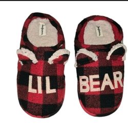 Dearfoams LIL BEAR  Toddler Slippers, Memory Foam Red Buffalo Plaid New