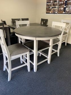 5 piece Dining Set Counter height all gray or white and gray table with two storage shelves and 4 chairs