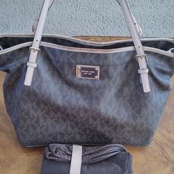 Michael Kors Black MK Monogram Tote with Light Gray Handles Diaper Bag 