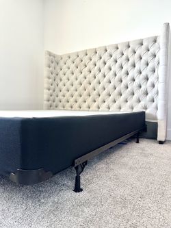 Queen Bed Frame Set – Upholstered Wingback Headboard + Foundation + Metal Frame