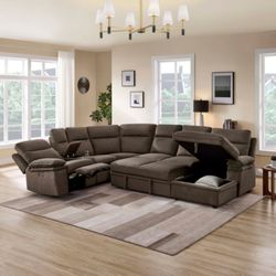 Modern Fabric Storage Chaise Power Recliner U-Shaped Pull Out Sectional Sofa w/ Console + USB