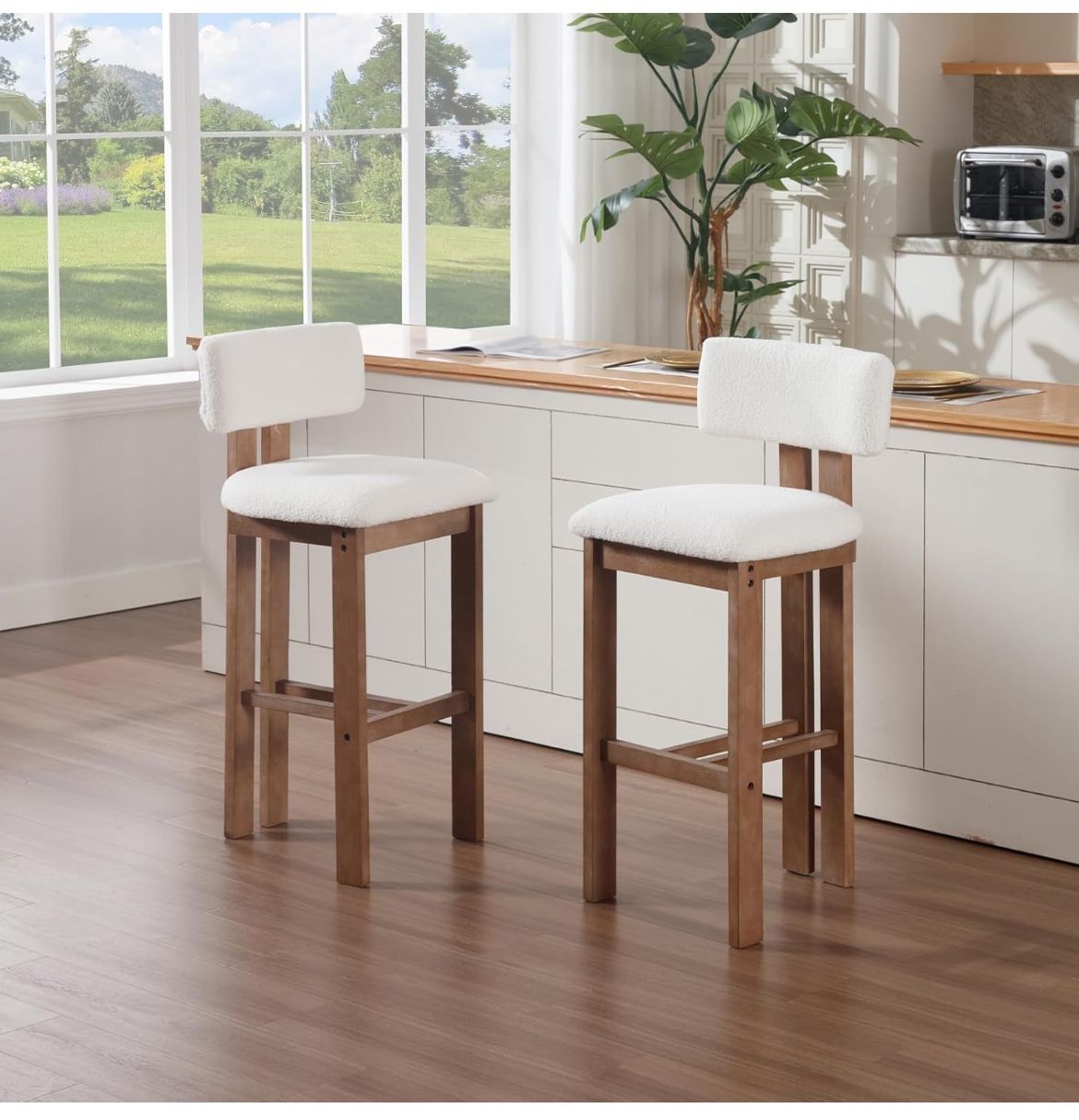 Guyou 30" Sherpa Barstools Set of 2, Mid Century Modern White Upholstered Boucle Bar Stools with Curved Back
