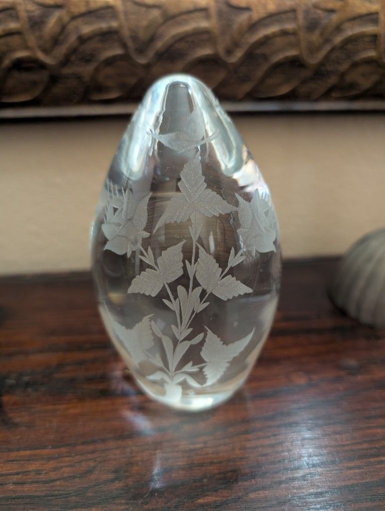 Floral Etched Egg Paperweight, Artist Signed