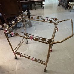 Antique Gold Leaf Tea Cart With Original Ceramic Flowers